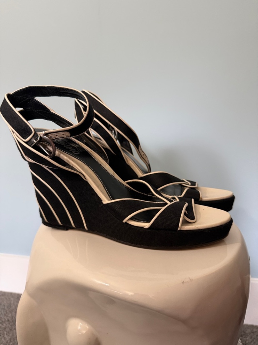 Ferragamo Black and Cream Wedge Sandals with Ankle Strap